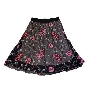 Lularoe black overlay pink white floral paisley embroidered midi skirt SIZE M